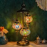 Marrakech 23" Turkish Mosaic Lamp Handmade 3 Globes Moroccan Table Lamp | Stained Glass Lamp with Tiffany Style, Bronze Base Decorative Accent Table Lamp for Living Room Bedroom Including LED Bulbs