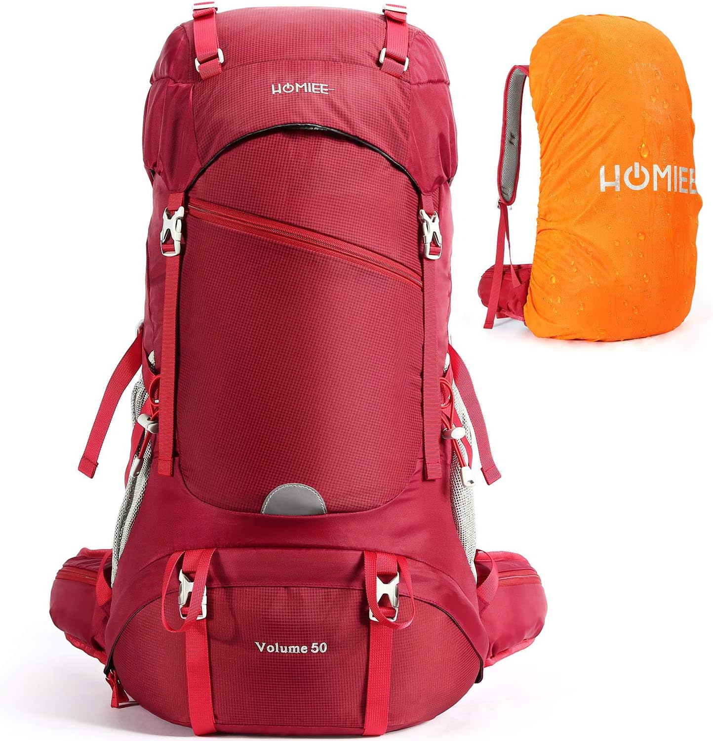 HOMIEE Hiking Backpack 50L Travel Camping Backpack with Rain Cover Wine