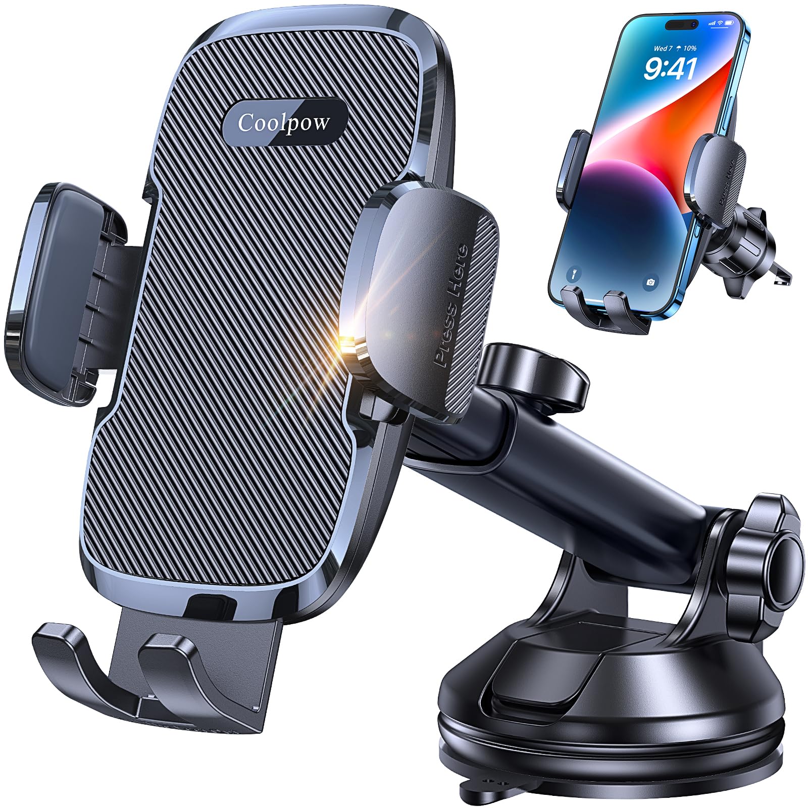 Phone Holder Car [Military Grade Suction Ultra Strong Base] Cell Phone Car Holder 3 in 1 Dashboard Windshield Air Vent (Dark Black)