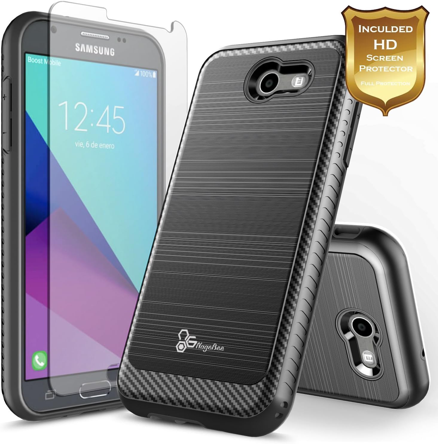 Galaxy J7 Prime Case, Galaxy J7 Sky Pro Case with [Screen Protector HD Clear], NageBee [Carbon Fiber Brushed] [Heavy Duty] Defender [Dual Layer] Case for Samsung Galaxy J7 V (Black)