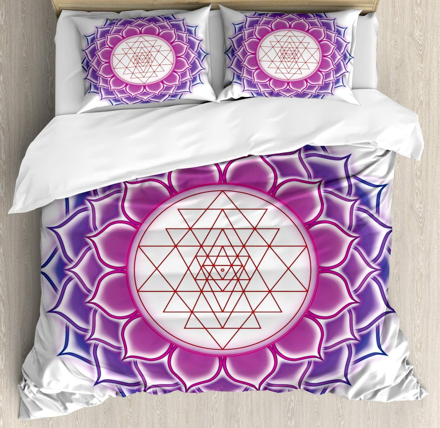 Ambesonne Lotus Duvet Cover Set, Geometry Yantra Mandala with Triangle Yoga Illustration, Decorative 3 Piece Bedding Set with 2 Pillow Shams, Queen Size, Fuchsia Purple