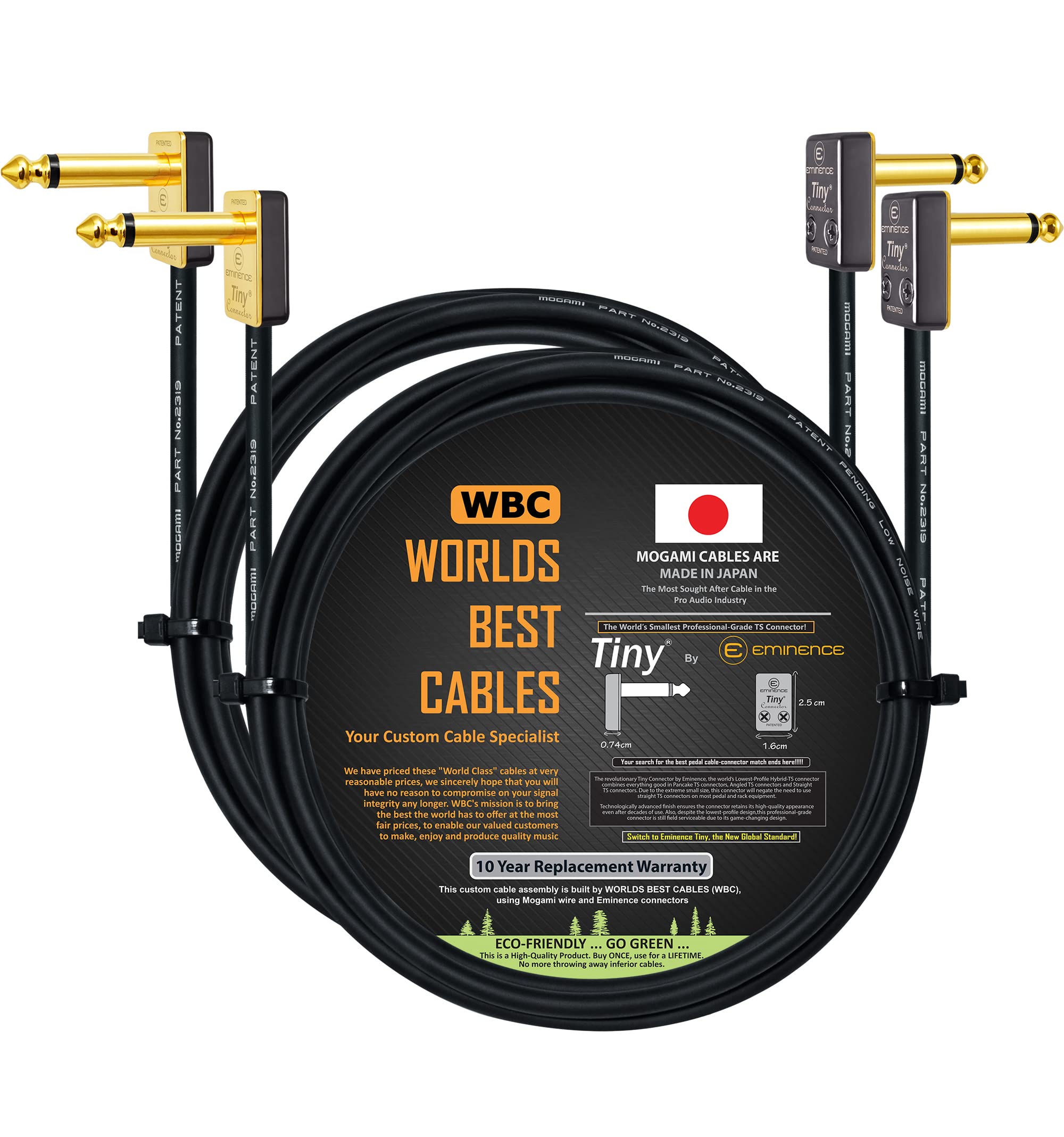 WORLDS BEST CABLES 2 Units - 3 Meter - Pedal, Effects, Patch, instrument cable CUSTOM MADE made using Mogami 2319 wire & Eminence Tiny Gold Plated ¼ inch (6.35mm) R/A TS Connectors