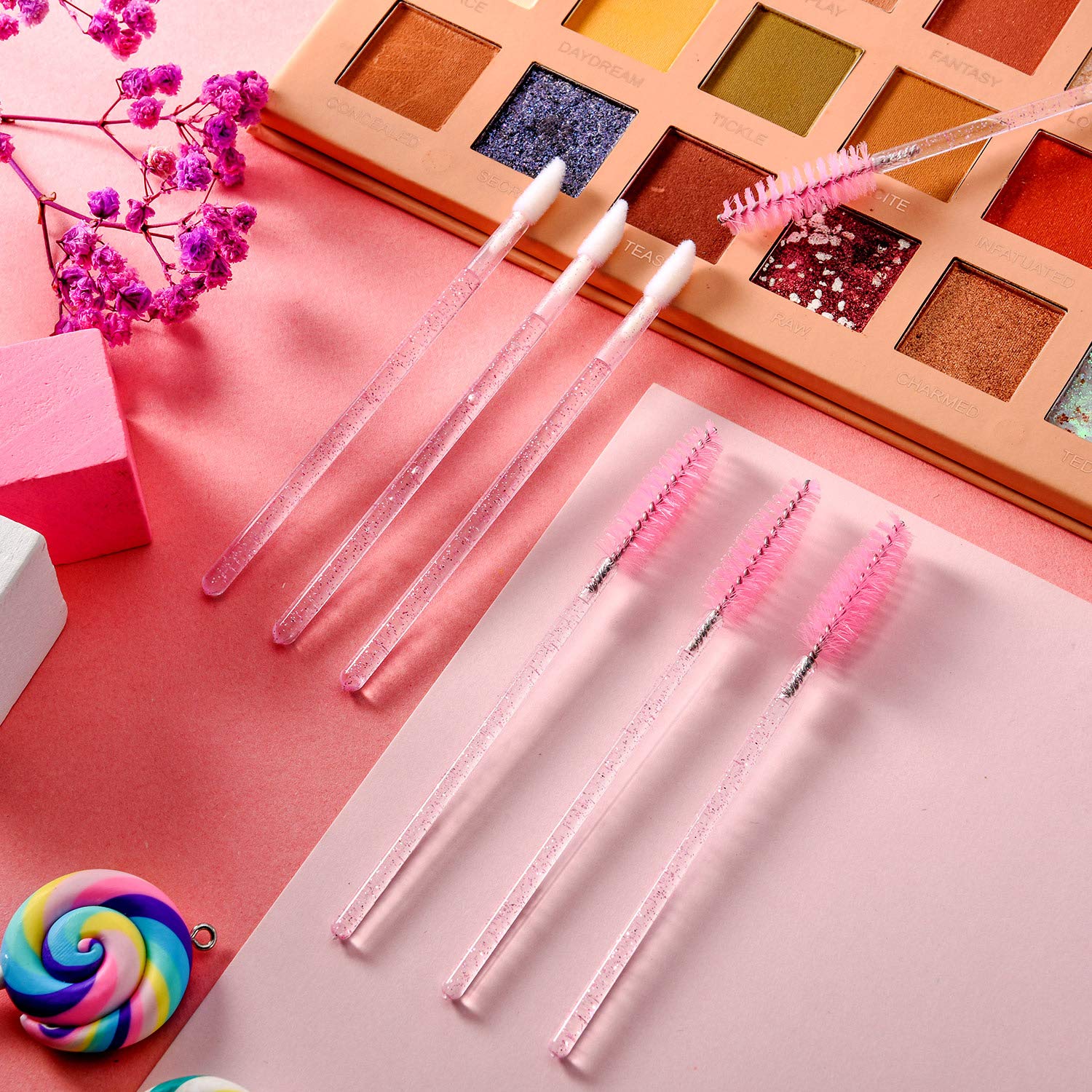 100 Pieces Glitter Lip Brush Crystal Lip Brush Disposable Lip Gloss Applicator Lipstick Gloss Wands and 100 Pieces Eyelash Brush Mascara Wands Applicator Makeup Tool: Beauty