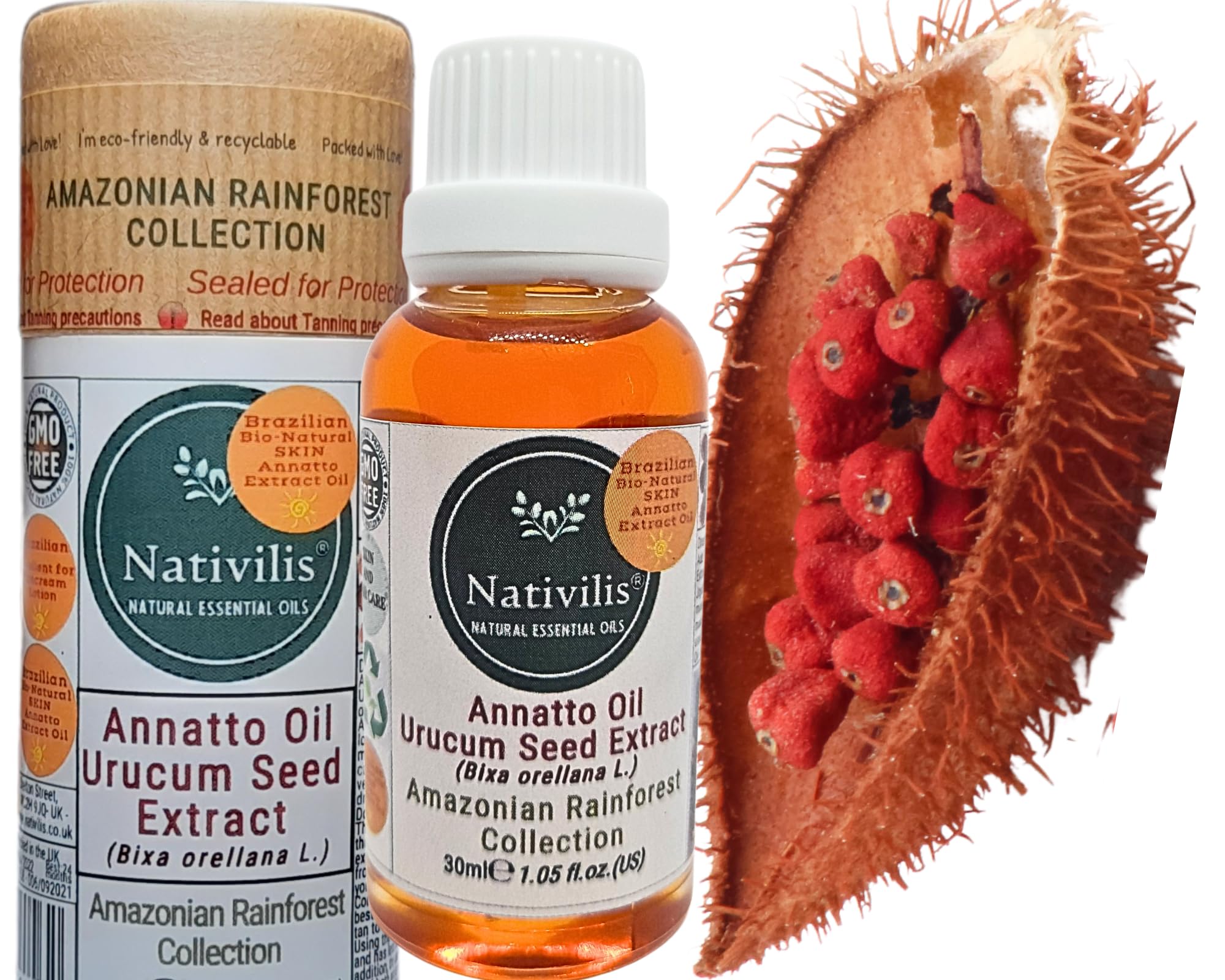 Nativilis Amazonian Urucum Seed Extract Annatto Oil 30 ml (Bixa orellana L.) Emolient for Suncream Lotion – Brazilian Bio-Natural Skin Tanning Oil - Copaiba Benefits