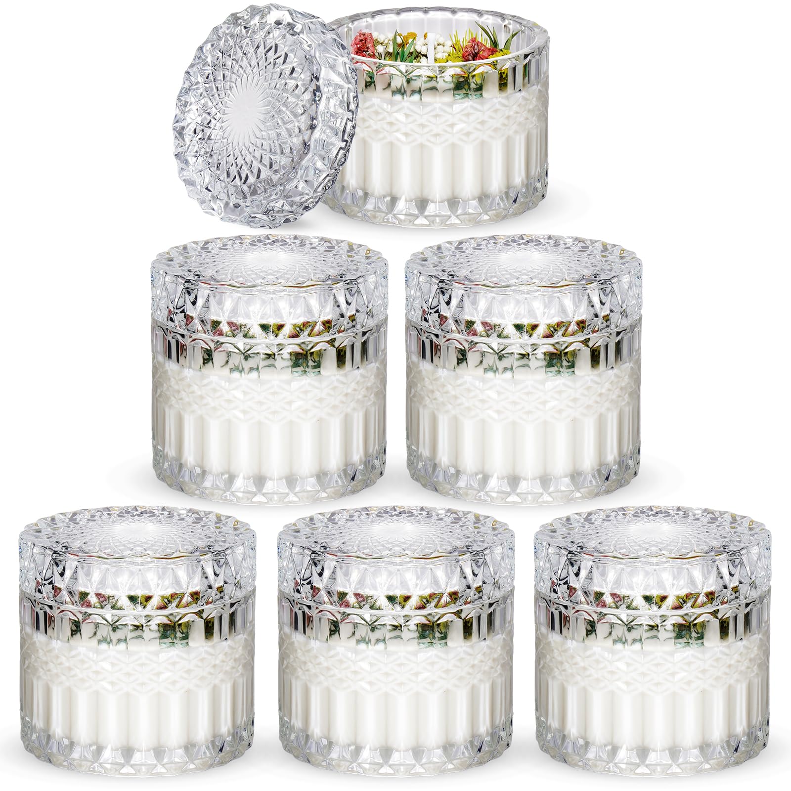 NiHome 8oz Glass Candle Jar with Lid 6 Pack Multi-Function Storage Unique Embossed Design for Home Decor, Special Occasions