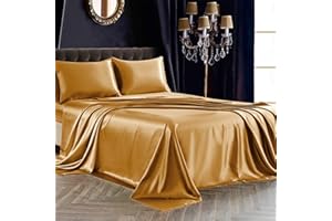 SiinvdaBZX 4Pcs Satin Sheet Set King Size Ultra Silky Soft Gold Satin King Bed Sheets with Deep Pocket, 1 Fitted Sheet, 1 Flat Sheet, 2 Envelope Closure Pillowcases
