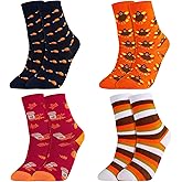 Geyoga 4 Pairs Thanksgiving Socks Turkey Ankle Socks Novelty Holiday Pumpkin Drumsticks Striped Fall Autumn Funny Crew for Women Men