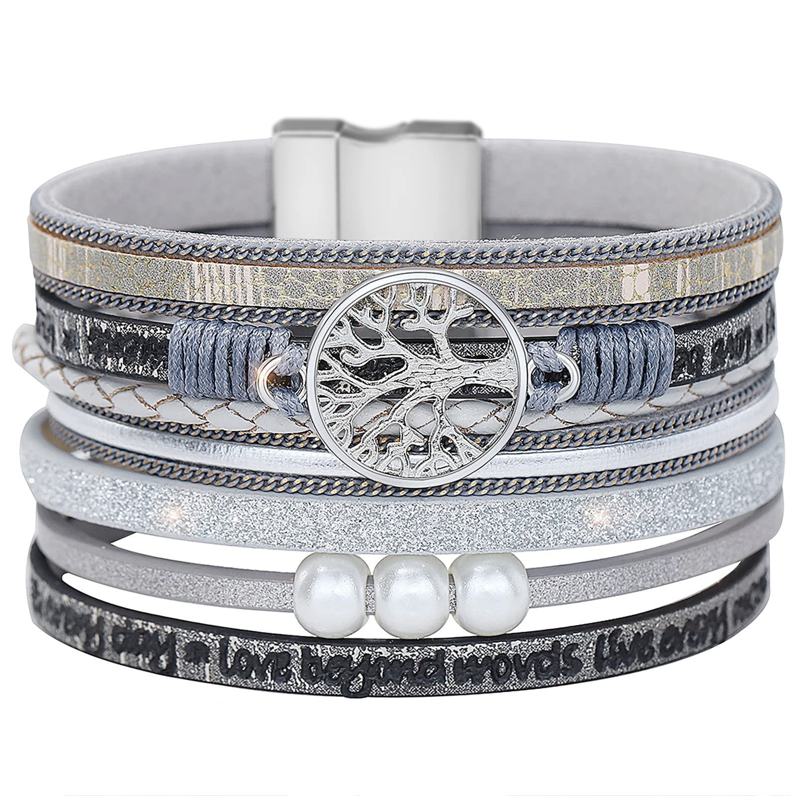 Gleamart Tree of Life Bracelet Multilayer Leather Wrap Cuff Bangle Magnetic Buckle Bracelet for Laugh Every Day Gray
