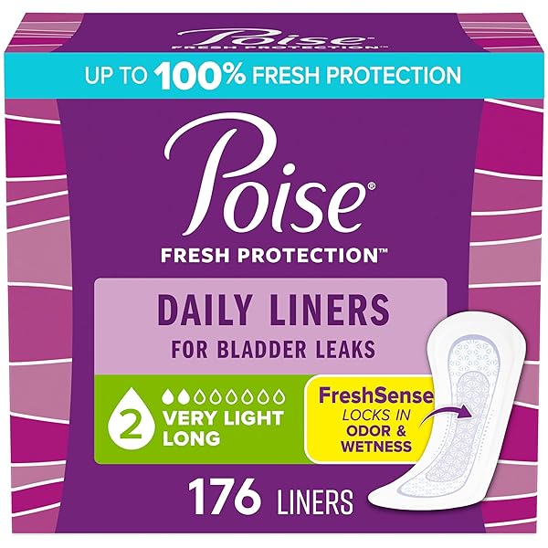POISE DAILY LINERS, INCONTINENCE PANTY LINERS FOR BLADDER LEAKS, 2 DROP VERY LIGHT ABSORBENCY, LONG LENGTH, 176 COUNT OF PANTILINERS (4 PACKS OF 44), PACKAGING MAY VARY