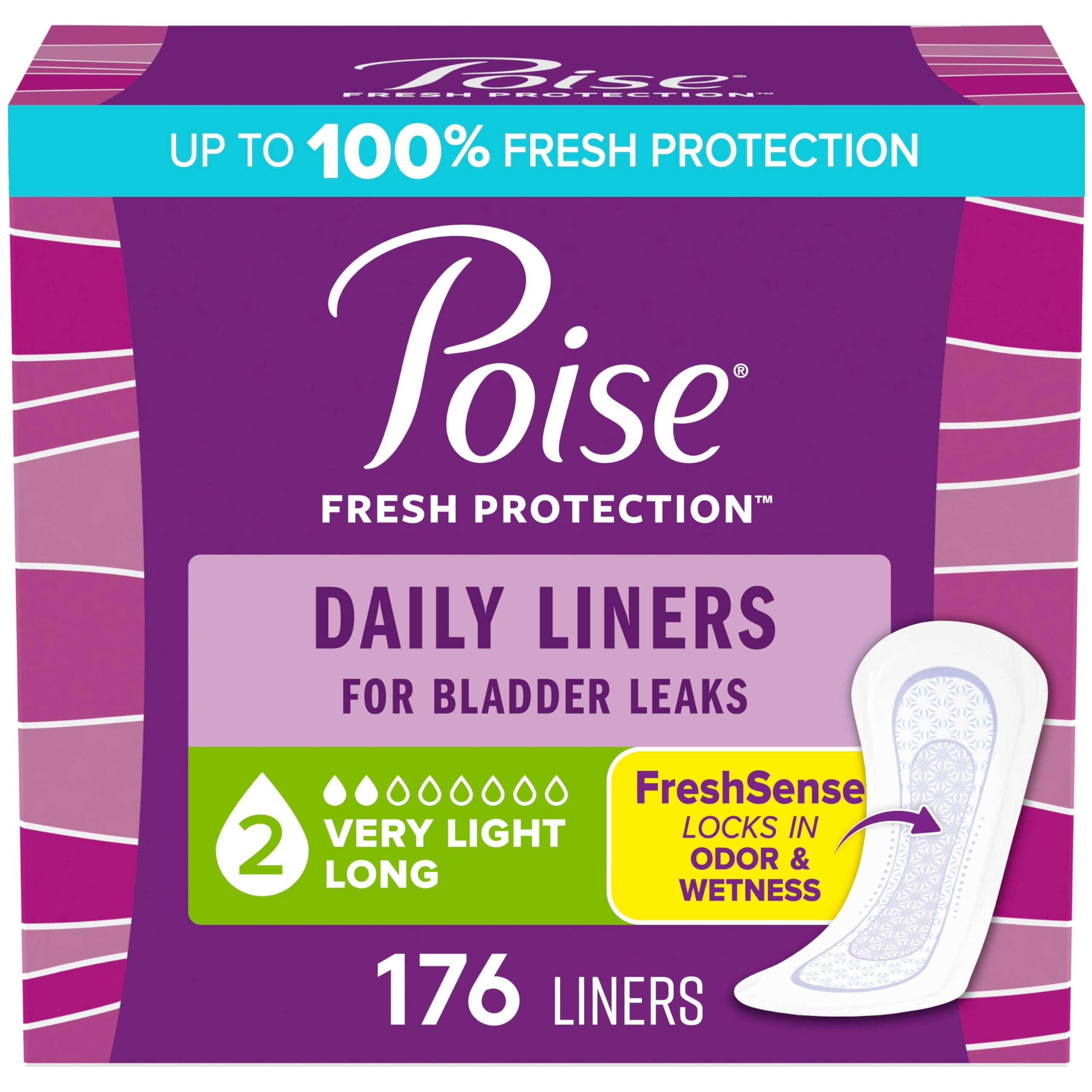 Photo 1 of Poise Daily Liners, Incontinence Panty Liners for Bladder Leaks, 2 Drop Very Light Absorbency, Long Length, 176 Count of Pantiliners (4 Packs of 44), Packaging May Vary