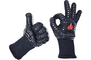 GRILL HEAT AID BBQ Grill Gloves 1472°F - Extreme Heat Resistant Oven Mitts for Grilling, Smoker & Fire Pit with Silicone Grip & EN407 Cut Resistance - Mid Cuff, Black