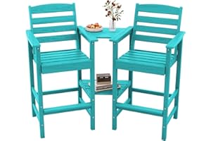SERWALL Tall Adirondack Chairs Set of 2 with Connecting Table, All Weather Outdoor Barstools, Aruba Blue