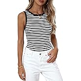 PRETTYGARDEN Summer High Neck Striped Tank Tops for Women Casual Sleeveless Sweaters Basic Ribbed Knit Slim Fitted Shirts