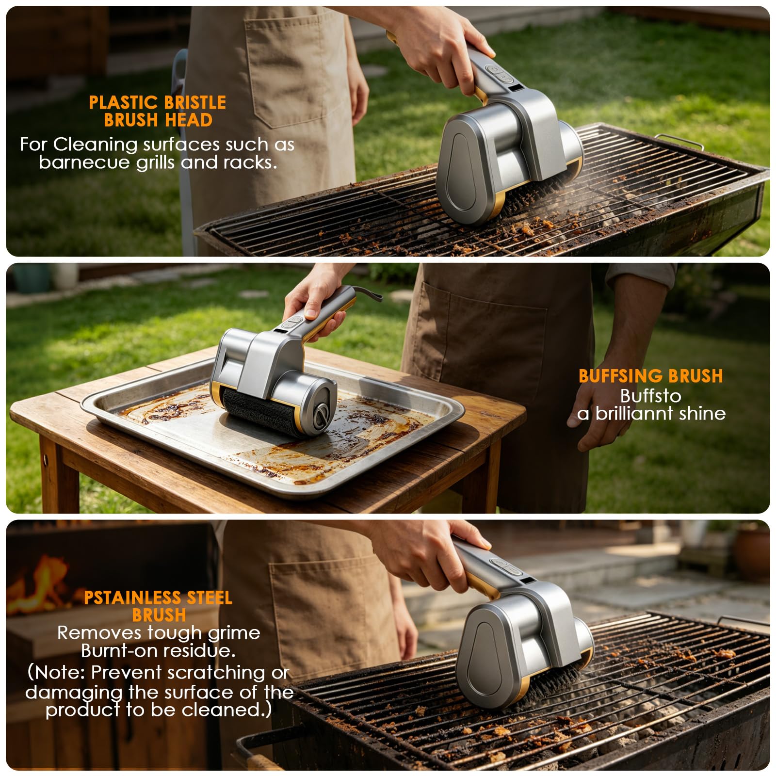 Elektrische Grillbürste, Kabelloser BBQ Grillreiniger, mit LED-Leuchten,140 Min Laufzeit,2 Gänge,3 Köpfen,wasserdicht & hitzebeständig, Grillbürste für Gusseisen, Edelstahl & Holzkohlegrills 4
