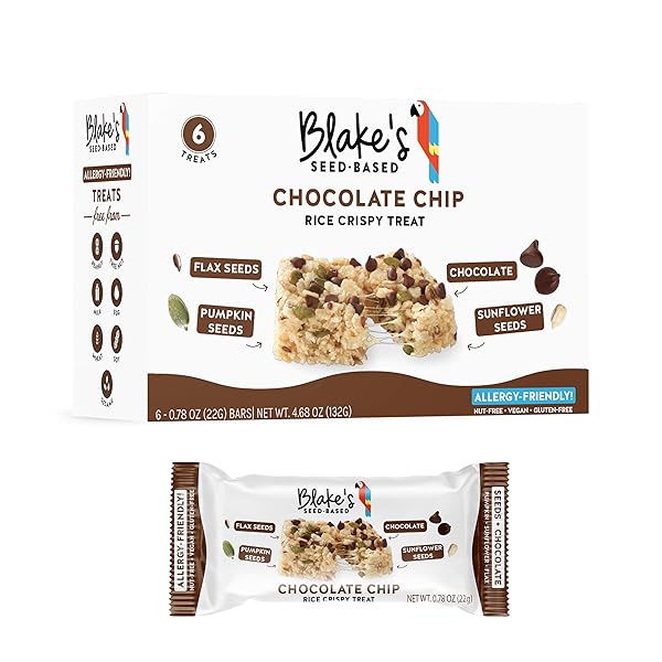BLAKE’S SEED BASED RICE CRISPY TREATS – CHOCOLATE CHIP (6 COUNT), NUT FREE, GLUTEN FREE, DAIRY FREE & VEGAN, HEALTHY SNACKS FOR KIDS OR ADULTS, SCHOOL SAFE, LOW CALORIE ORGANIC SOY FREE SNACK