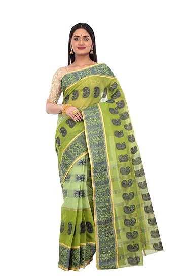Women's Embroidered Tant Tangail Handloom Traditional Bengali Cotton Saree Green Blue