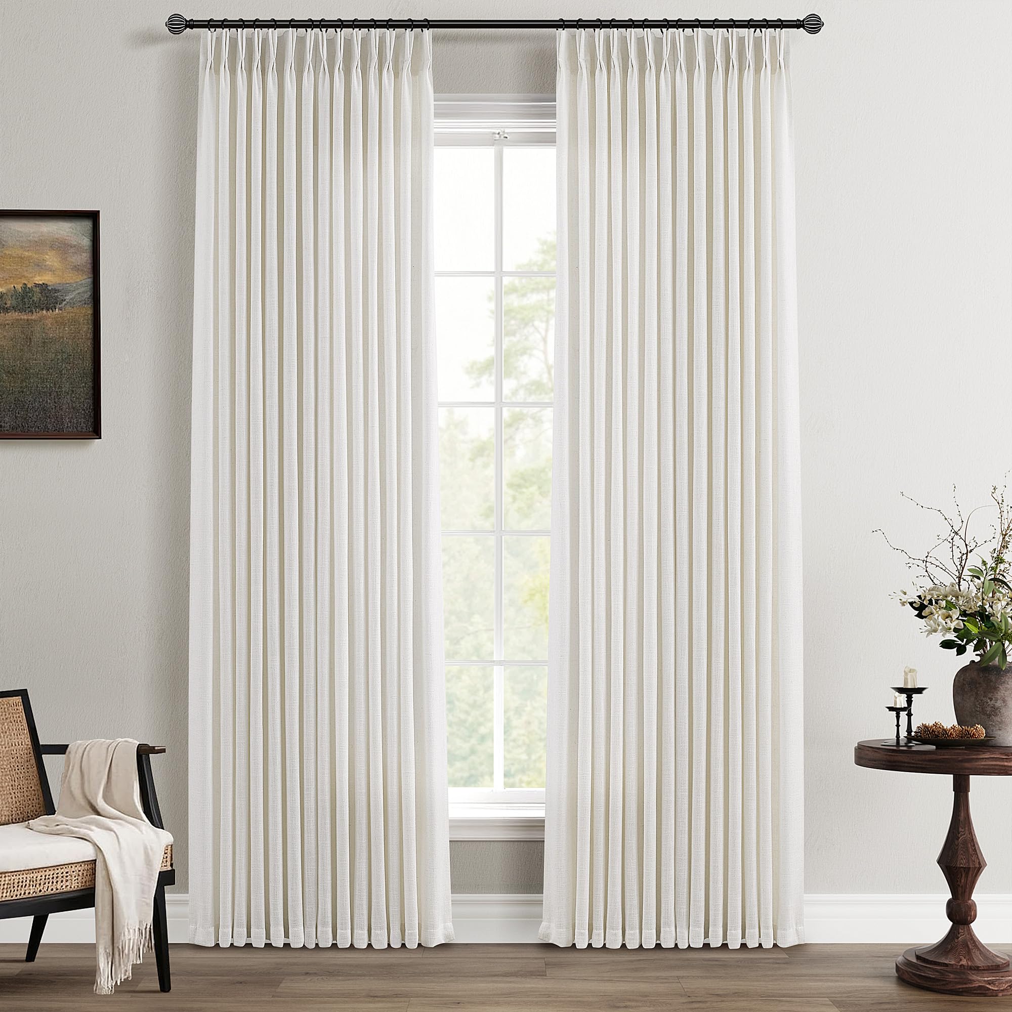 Photo 1 of Natural Linen Curtains 84 Inch Length 2 Panels for Living Room Neutral Textured Pinch Pleated Curtains Ivory Cream Beige Light Filtering Pleated Drapes 84 Inches Long Back Tab Hooks Clips Rings 7Ft