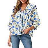 COCCKO Women's 2026 Fashion Tops 100% Cotton Button Down Shirts V Neck 3/4 Length Sleeve Floral Peter Pan Collar Blouses
