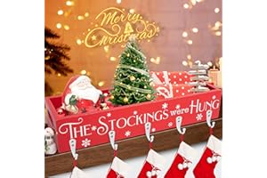 HPC DEC R OUR HAPPY PLACE HPC Decor Christmas Stocking Holders, Wooden Box with 5 Hook Stockings Hangers Christmas Decoration for Fireplace Mantel Wood Organizer Storage