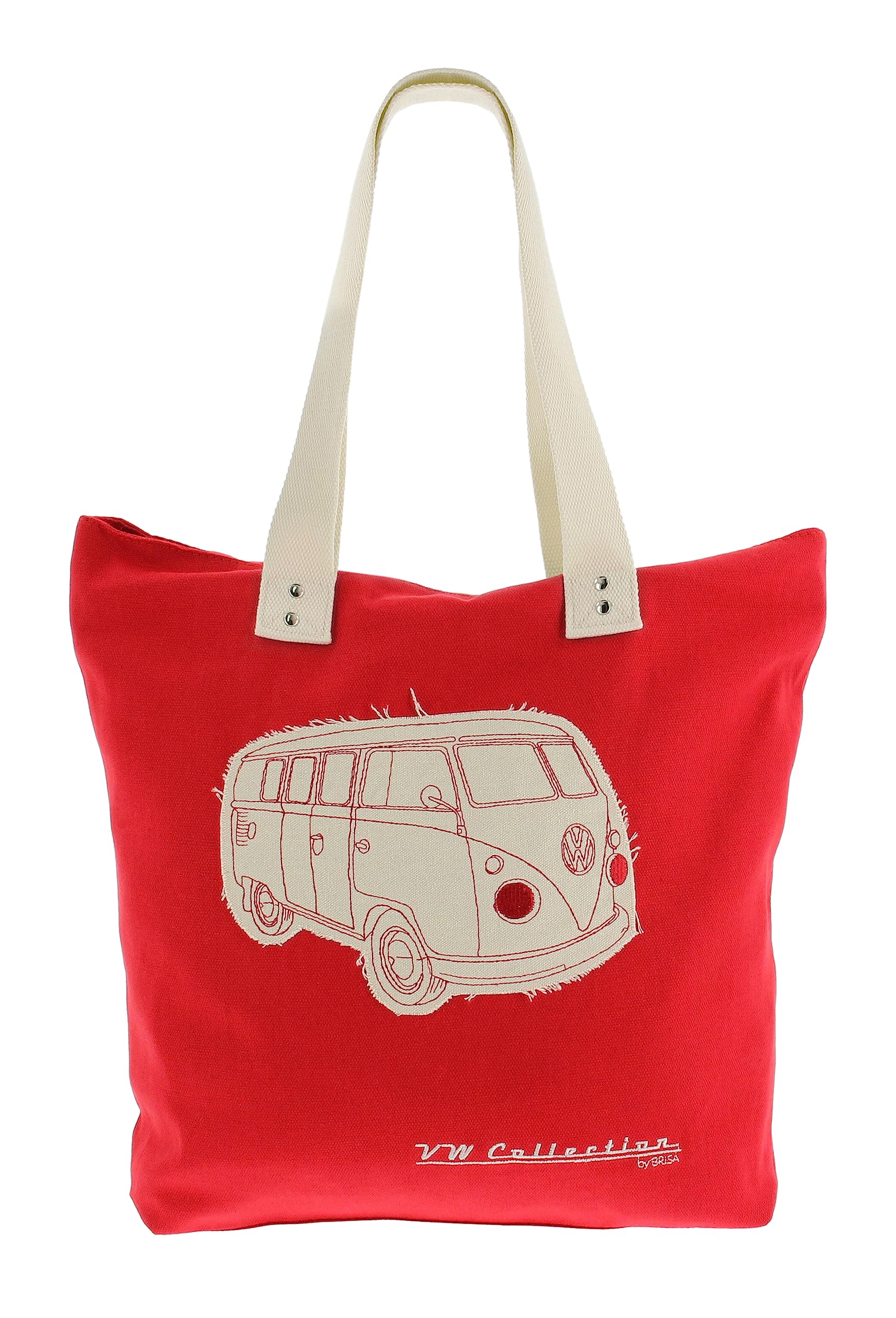BRISA VW Collection - Volkswagen Reusable Canvas Shopping Beach Bag with T1 Bus Campervan Motif (Silhouette/Red)