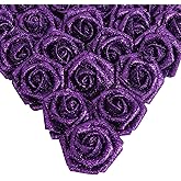 IPOPU Glitter Roses, 25pcs Foam Glitter Roses Glitter Flowers Foam Rose with Stem for DIY Wedding Bridal Bouquet Home Party Decoration(Purple)