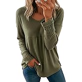 Dokotoo Women's Tops Casual V Neck Long Sleeve Waffle Knit Textured Lace Hollow Out Shirts Loose Tunic Tops Blouses