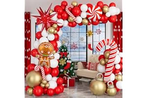 AOBKDECO Christmas Balloon Garland Arch Kit Xmas Holiday Balloons with Red White Golden Balloons Candy Foil Balloons Candy Cane Balloons Red Starburst Balloons for Christmas Party Decorations