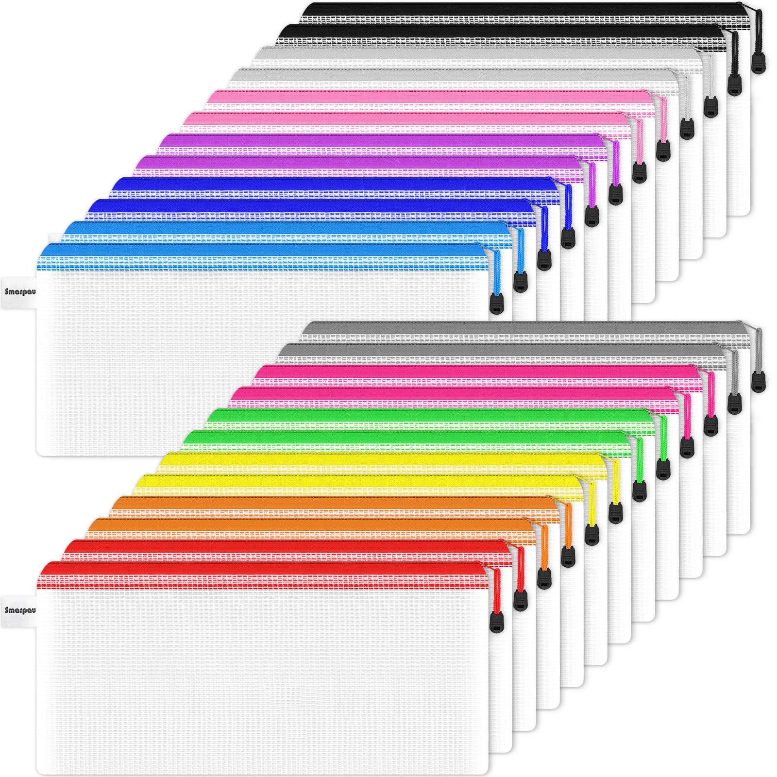 Smarpau A6 Mesh Document Bag,24 PCS Clear Pencil Case Multipack Plastic Zip Wallets Folder File Zipper Bags Document Folders Ziplock Bags Storage Pouch for School, Home, Office and Travel(12 Colours)