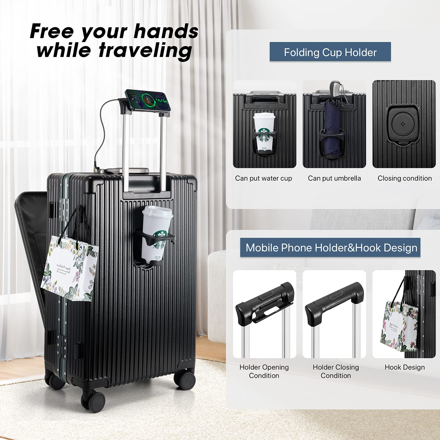 MRPLUM Front Pocket Carry On Luggage,PC Hardside Spinner Wheel Suitcase with TSA Lock, Cup Holder,Phone Holder&USB Charging Port,20 inch,White