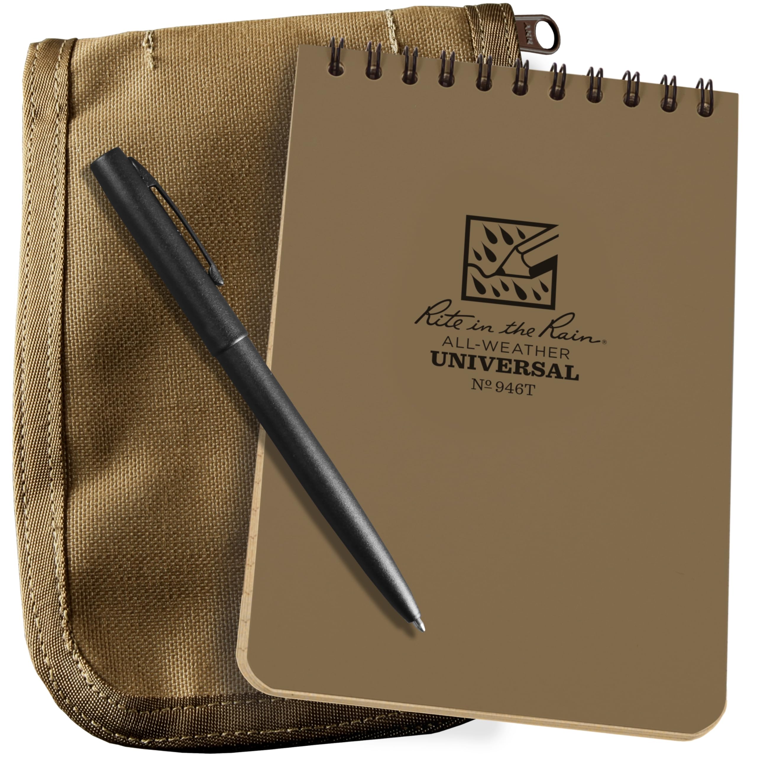 Rite in the Rain Weatherproof 4" x 6" Top Spiral Notebook Kit: Tan Cordura Fabric Cover, 4" x 6" Tan Notebook, and an Weatherproof Pen (No. 946T-KIT)