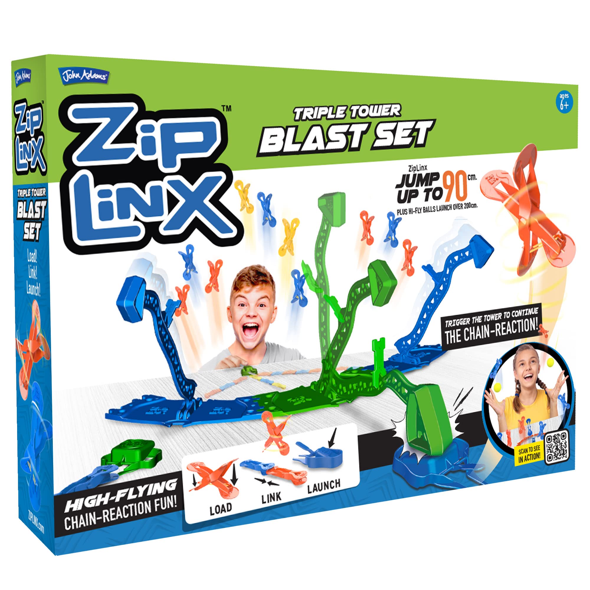 John Adams | ZipLinx - Triple Tower Blast Set: high-flying chain-reaction fun! | Jumping Domino Action | Domino and Tile Games | Ages 6+