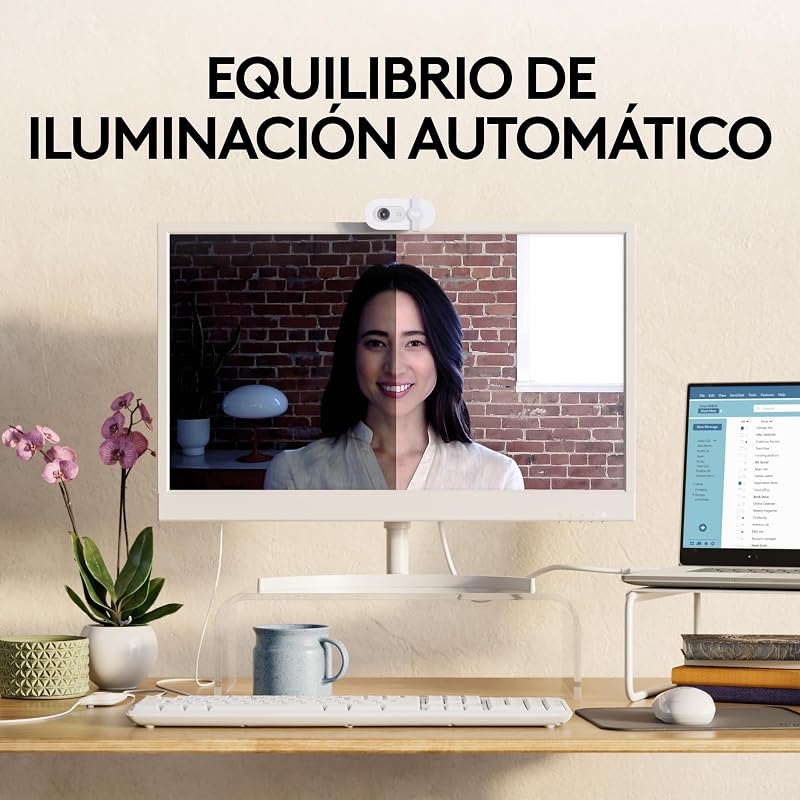 Logitech brio 100, webcam full hd para reuniões e streaming, equilíbrio automático de iluminação, microfone embutido, capa de privacidade, usb-a, branco