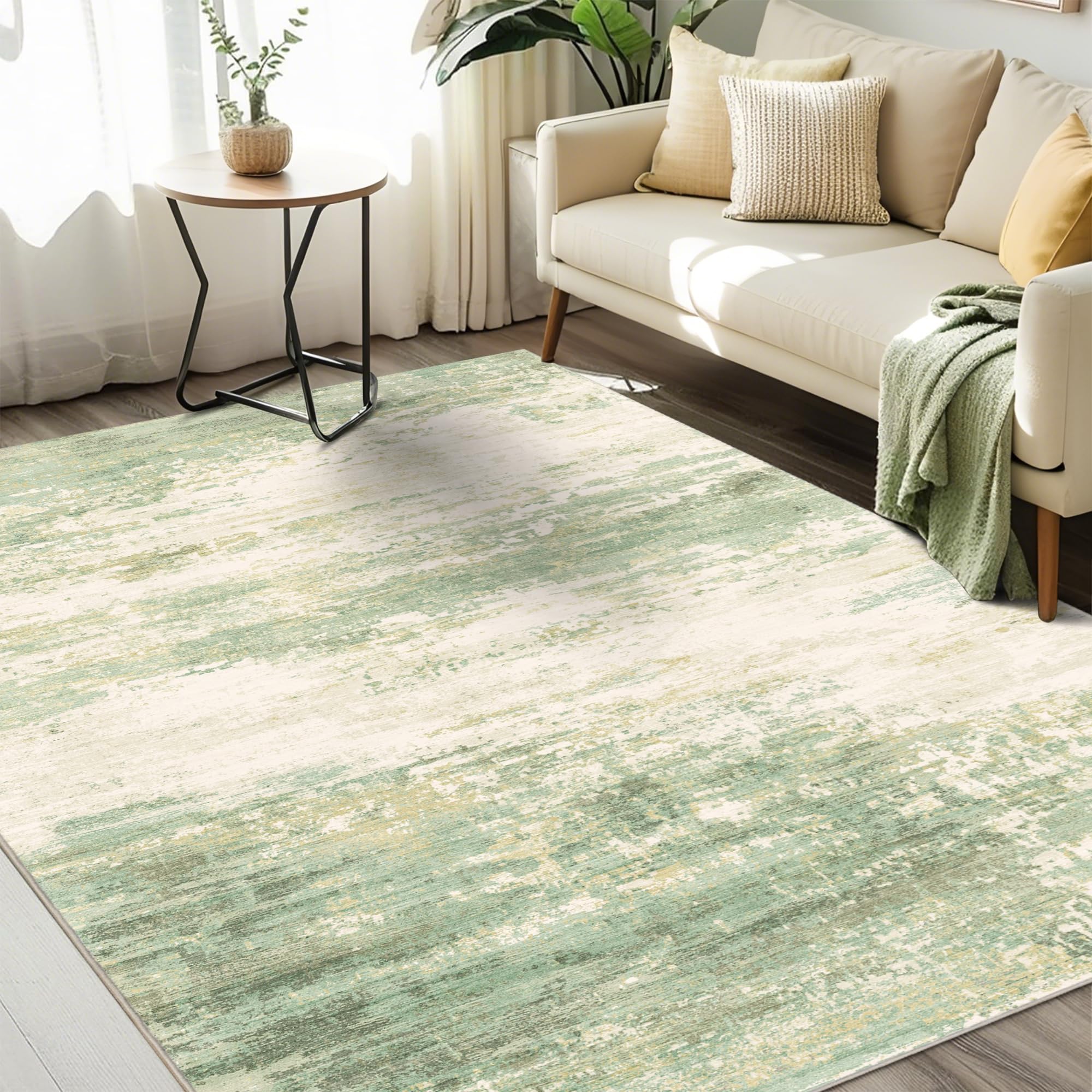 Photo 1 of DUIDY 6x9 Modern Abstract Rug Washable Area Rugs for Living Room Bedroom Dining Room Non-Slip Low Pile Neutral Large Rug Soft Indoor Floor Carpet, Green