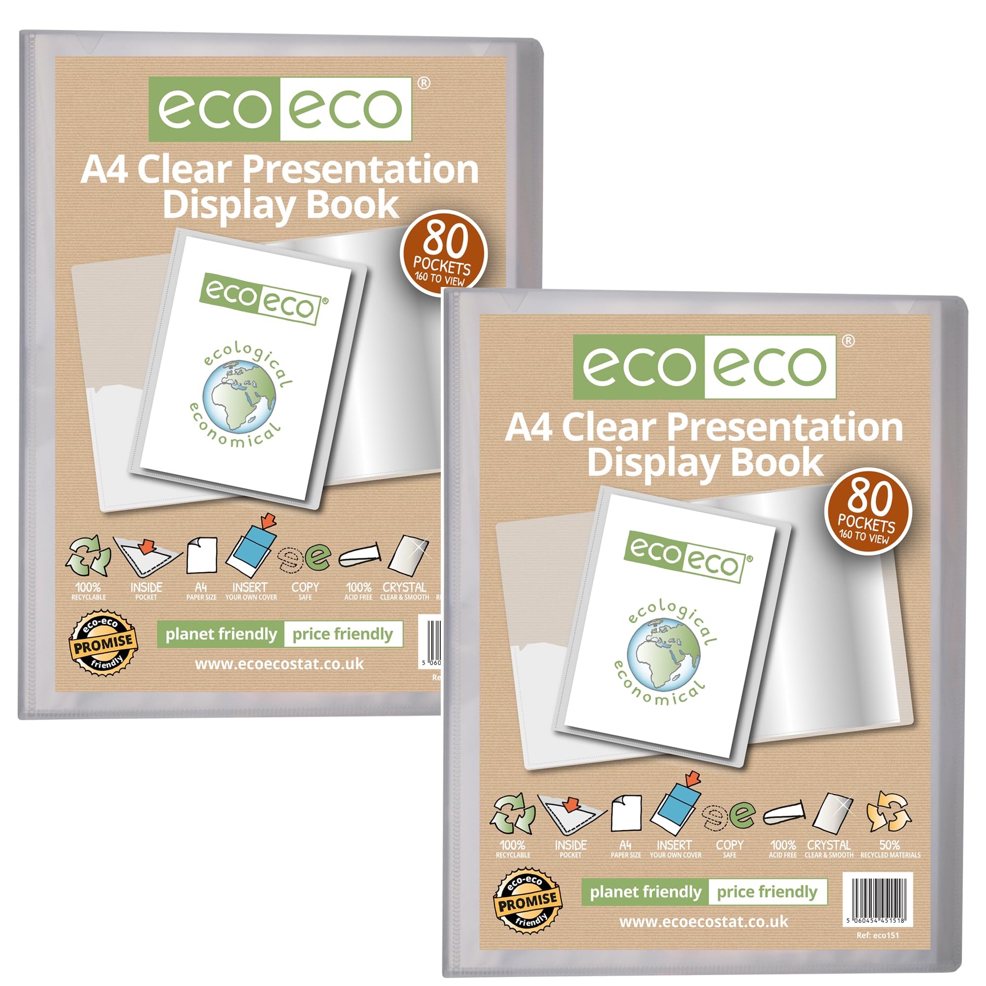 eco-eco A4 Size 50% Recycled 80 Pocket Clear Presentation Display Book, Storage Case Portfolio Art Folder with Plastic Sleeves, Pack of 2, eco151x2