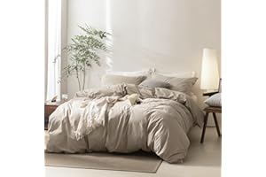 BDEAR Linen Feel Duvet Cover Oversize Queen Size, 100% Washed Cotton Comforter Cover Size 98x98inch with Zipper Closure and 2 Pillowcases, Solid-Linen Grey