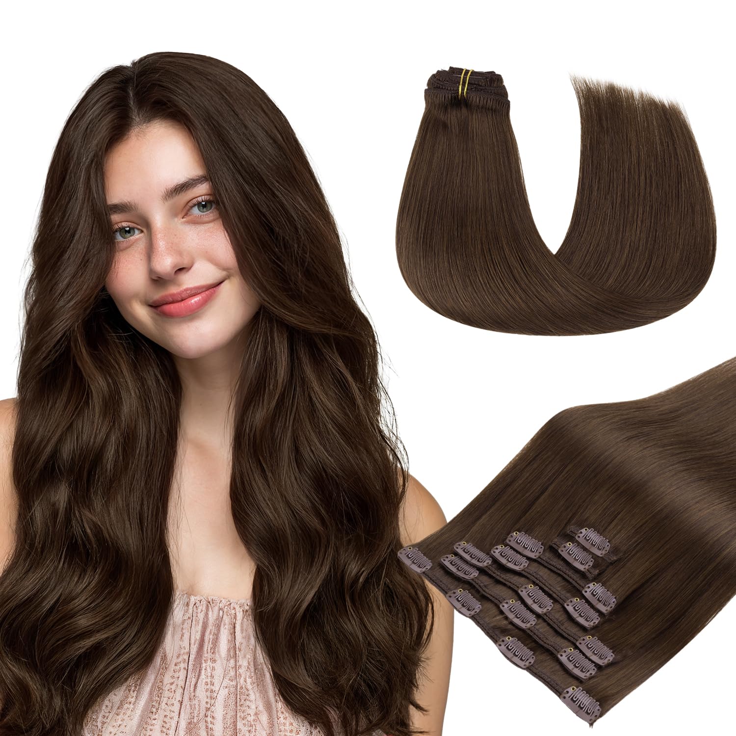 hotbanana Clip in Hair Extensions, Chocolate Brown Clips in Hair Extension Real Human Hair Double Weft Clip In human Hair Straight Remy Hair Extensions 22 inch 120g 7pcs