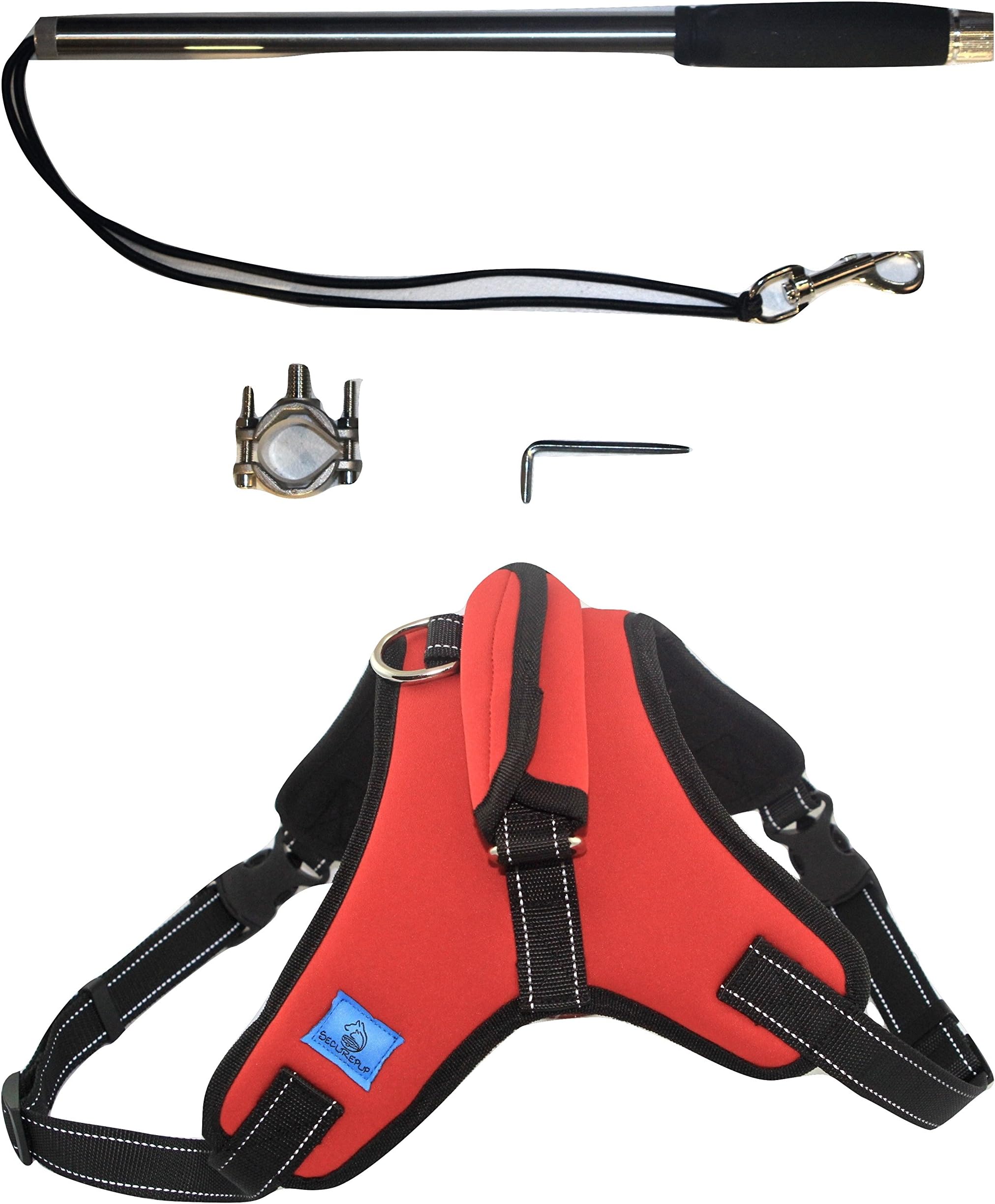Securpup Dog Bike Leash with Harness (2-Piece Set) Adjustable Bicycle, Cycling, Running Pet Attachment | Reflective Webbing | Easy Installation (Large, Red)