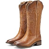 Rollda Cowgirl Boots Cowboy Boots for Women Square Toe Mid Calf Western Boots Ladies Fashion Boots with Chunky Heel