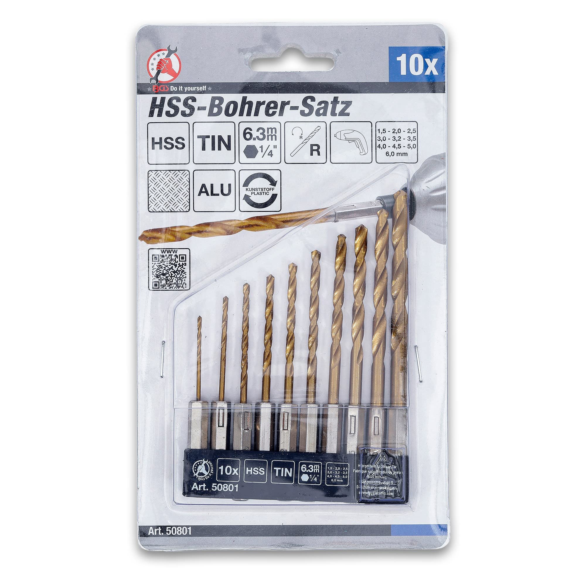 BGS Diy 50801 | HSS Drill Set | titanium coated | 1.5 - 6 mm | 10 pcs.