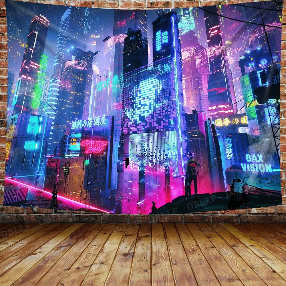 Tapestries - DBLLF Gaming Punk Cityscape Tapestry Japan Night View City Futuristic Neon Skyscraper Wall Hanging Cool Video Game Tapestries Large 80
