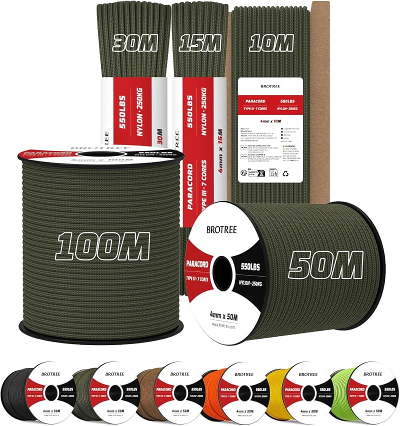 BROTREE 4mm Paracord 550 15M Nylon Rope 7 Strands 250kg Type III Army Green