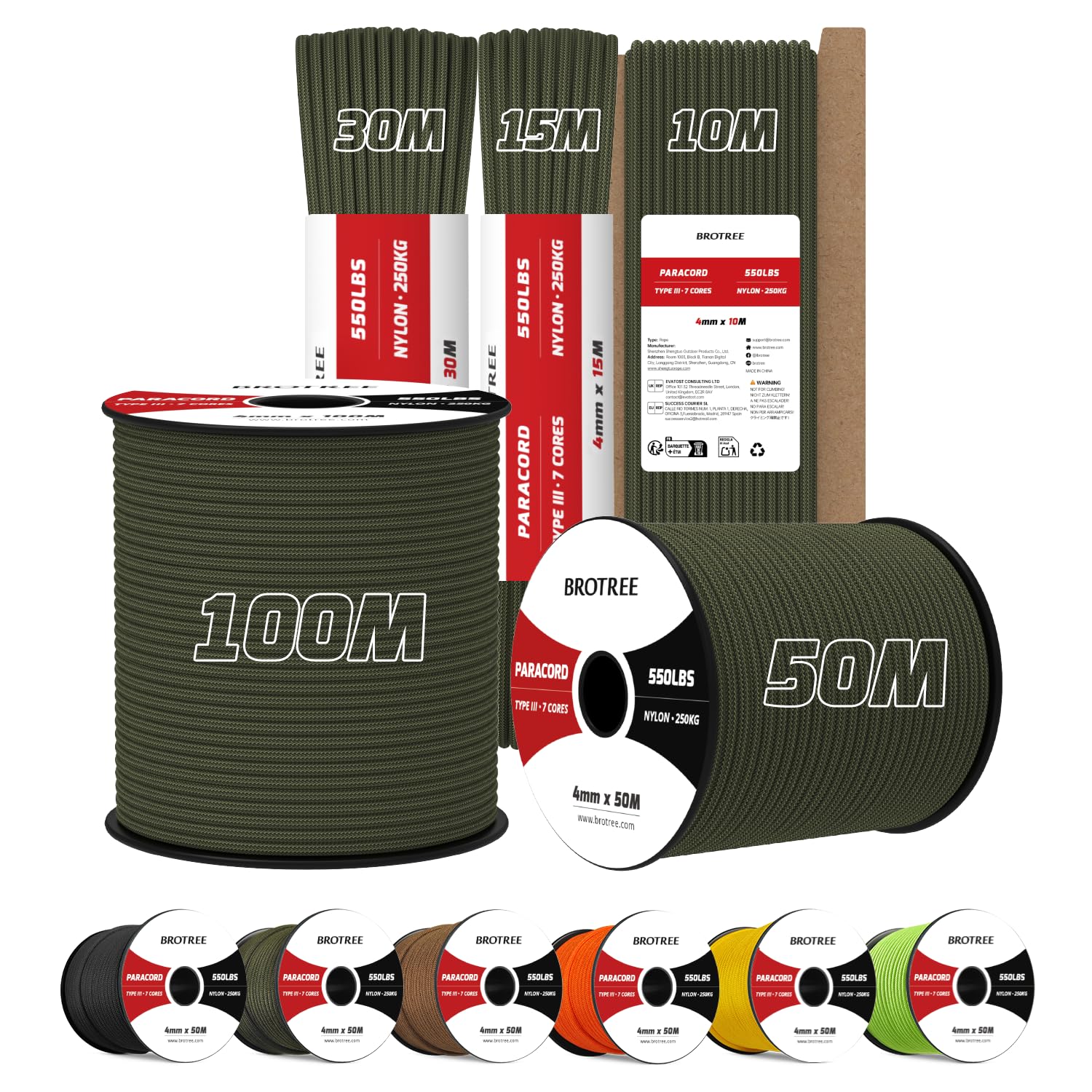 Brotree 4mm Paracord 550 100M 100% Nylon Rope 7 Strands Type III Parachute Cord for Outdoor and DIY - 250kg Breaking Load (Army Green)