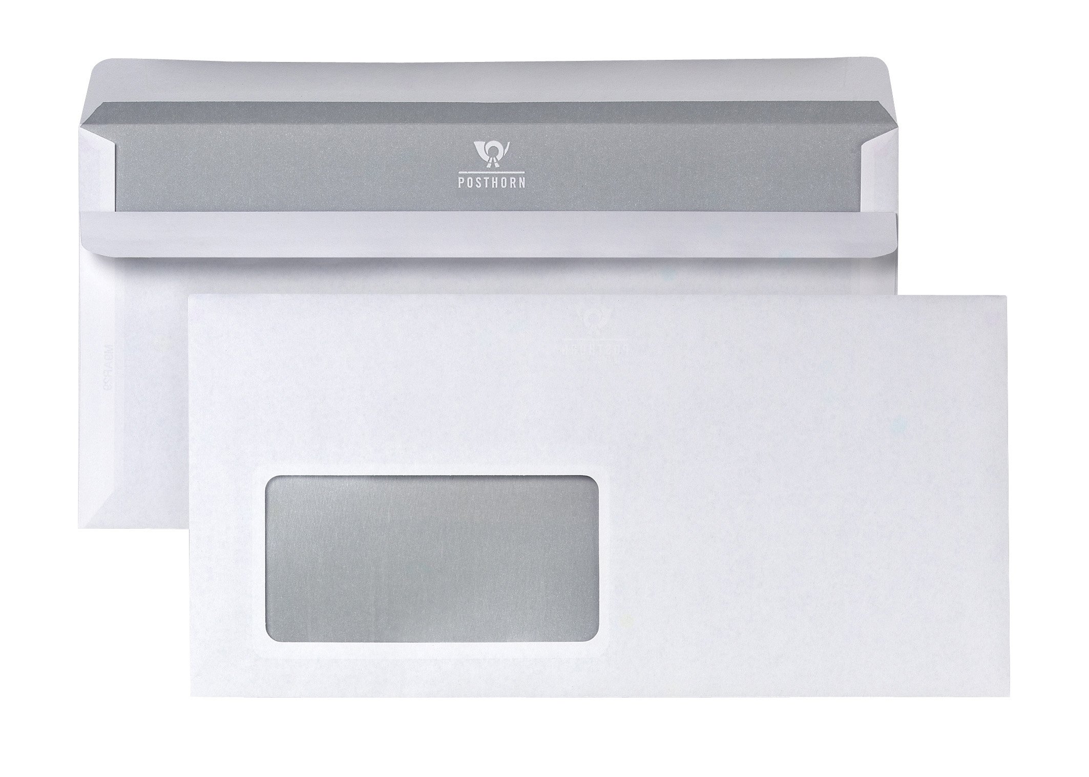 Posthorn Envelopes DIN Long (Pack of 100), Self-Adhesive Envelope with Window, White Envelopes with Grey Inner Print for Privacy Protection, 110 x 220 mm, 75 g/m² — image 1