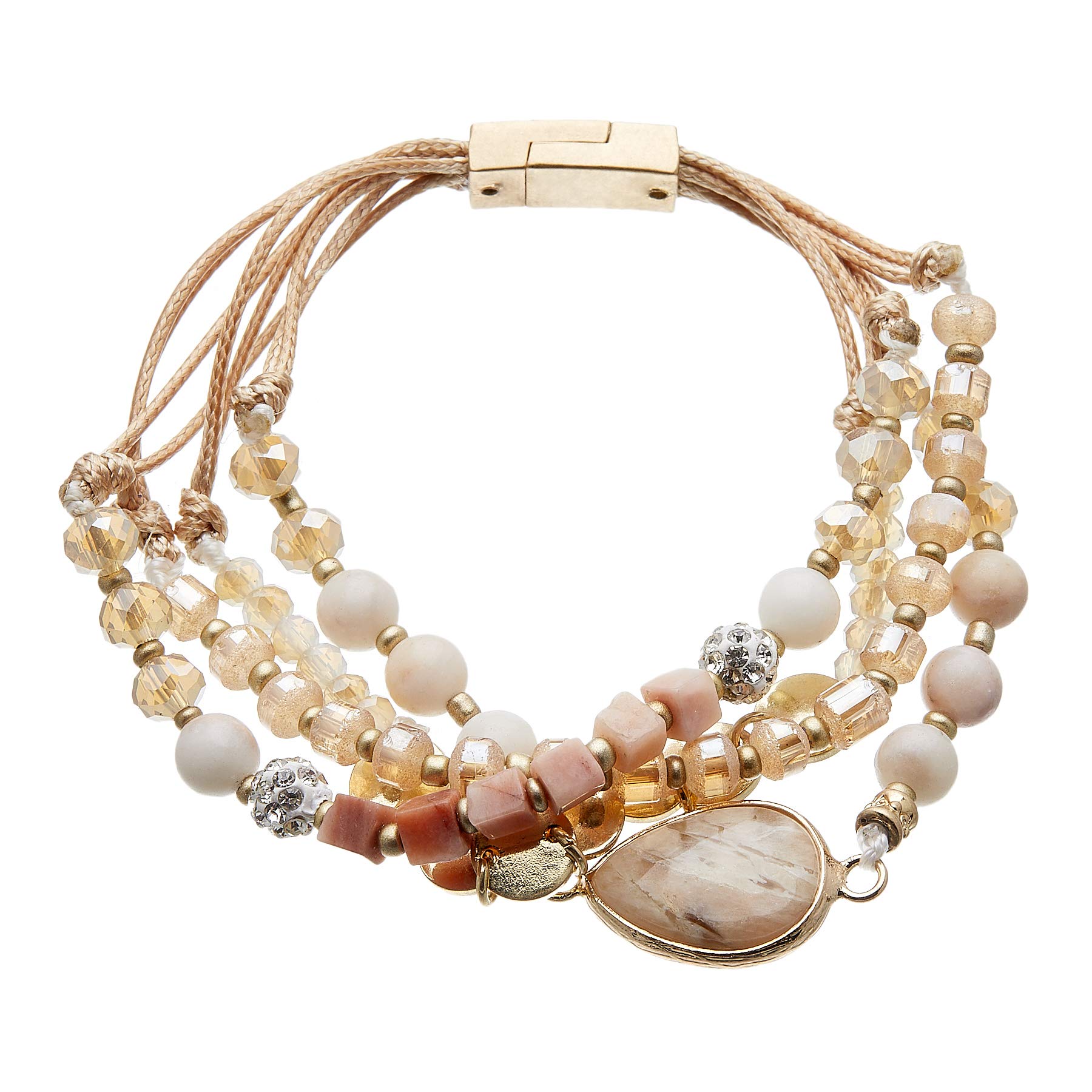 Bello London Antique matt gold plated magnetic clasp bracelet with an agate stone and pink agate beads - Jody