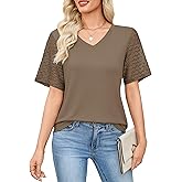 Totatuit Women's V Neck Casual Tops Lace Short Sleeve Summer Tunic Shirts for Women Loose Fit Breathable Cotton Blouses