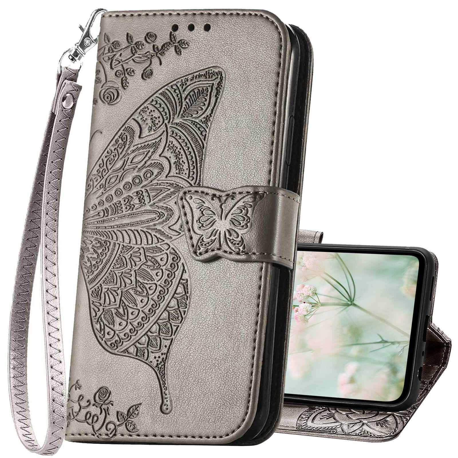 KRHGEIK for Samsung Galaxy A16 5G Phone Case Wallet,Women Flip Cover with Credit Card Holders Butterfly Embossed PU Leather Stand Wrist Strap Purse Protective Case (Gray)