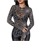 SHENHE Women's Sheer Spiderweb Mesh Long Sleeve Top See Through Sexy Party Night Goth Top