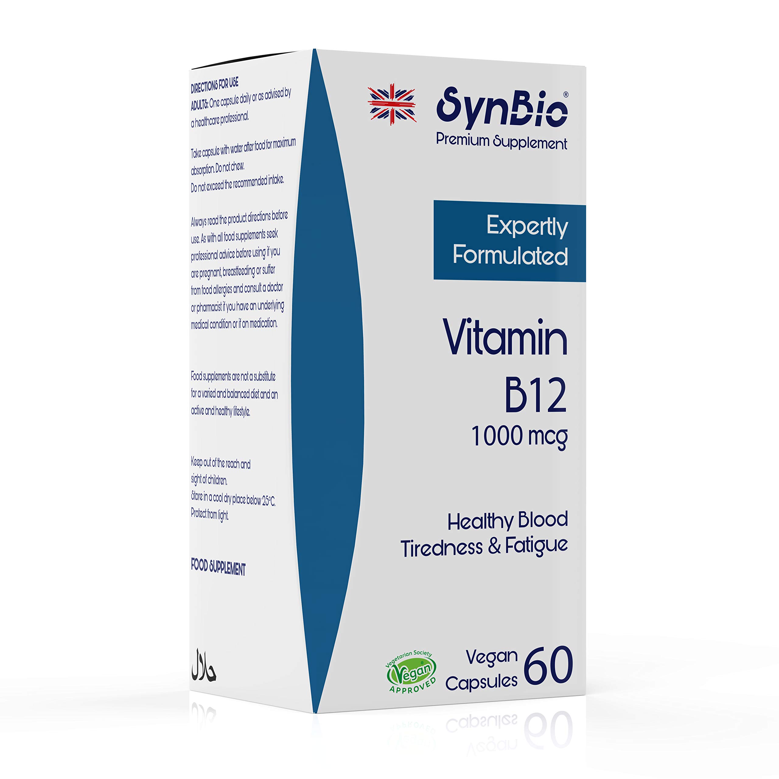 SynBio Premium - Vitamin B12 1000mcg Capsules | Vegan | Contributes to the Reduction of Tiredness and Fatigue | Supports Energy Metabolism | Cyanocobalamin | Made in The UK