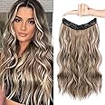 HOOJIH Wire Hair Extensions with 2 Removable Clips 16 Inch Wavy Curly Hair Invisiable Transparent Wire Extensions Hairpieces for Women - Hazelnut Blonde with Platinum Blonde Highlights