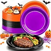 100 Count 10 Inch Halloween Plastic Plates Colored Party Disposable Plates | Vibrant black, orange & purple halloween disposable plates. 10inch flexible plastic plates for halloween party supplies.